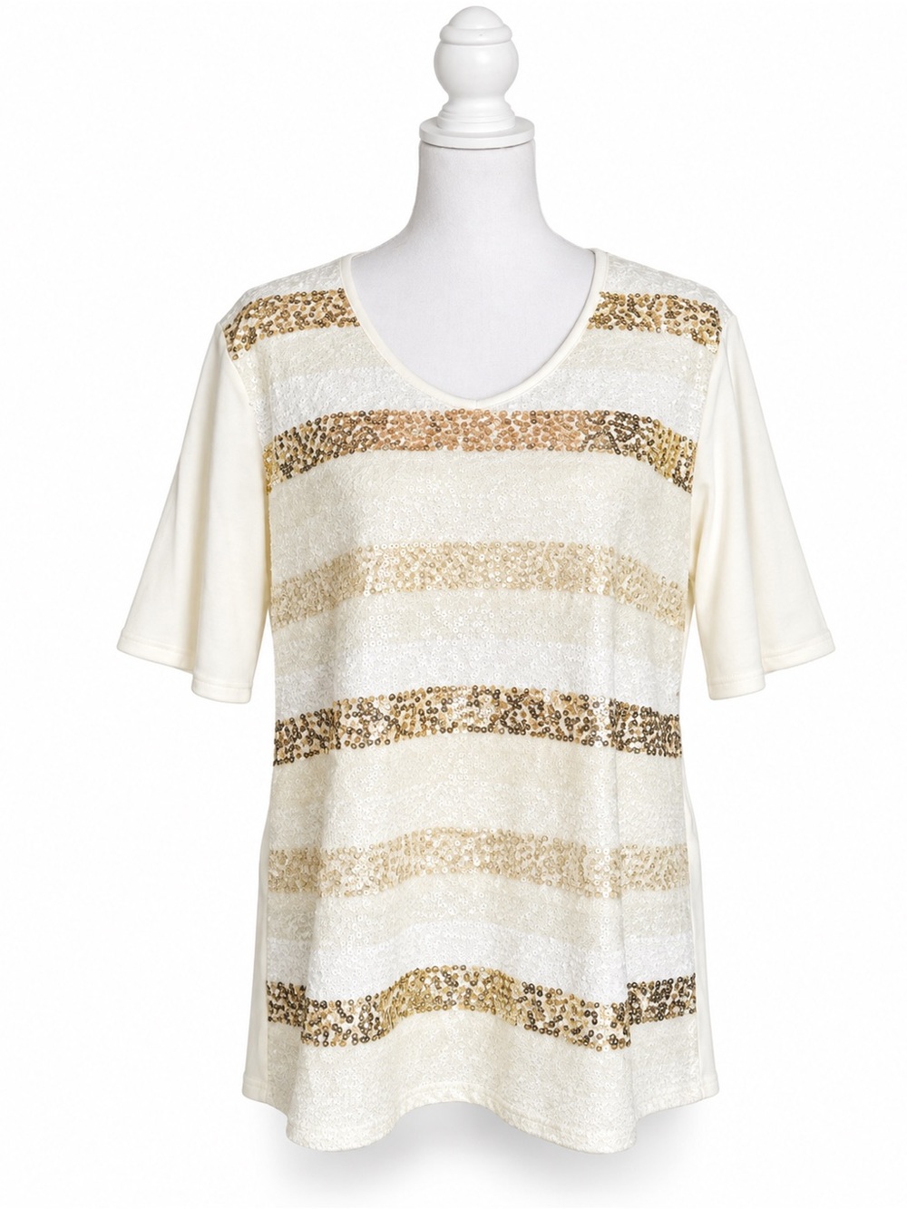 Women's Cream Sequin Stripe Short Sleeve Top